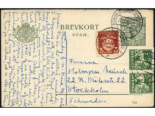 Sweden. Postal stationery, Double postcard, Facit bKd18, 139, 143A, Response card 7 öre …