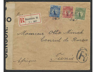 Sweden. Facit 79, 82, 85 on cover, 5+10+20 öre on censored registered cover sent from …