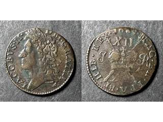 Irland James II (1685-1691) 1 shilling 1689, VF ärg, Gun Money "Dec"