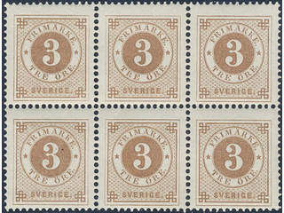 Sweden. Facit 41a ★★, 3 öre yellowish brown. Very fine and fresh block of six. SEK 2100