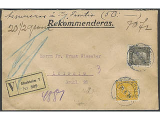 Sweden. Facit 156, 192 cover , 35+50 öre on insured cover sent from STOCKHOLM 7 20.8.24 …