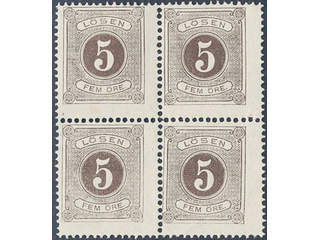 Sweden. Postage due Facit L3 (★) , 5 öre brown, perf 14 in block of four without gum. …