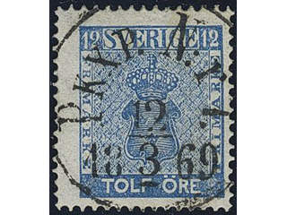 Sweden. Facit 9c3 used , 12 öre blue, perforation of 1865. EXCELLENT cancellation PKXP …