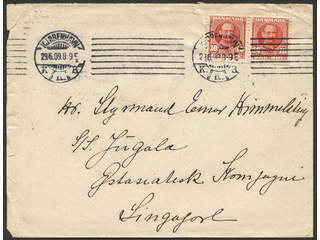 Denmark. Facit 70 cover , 2×10 øre on cover sent from KJØBENHAVN 29.6.09 to Singapore. …