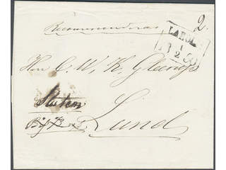 Sweden. N county. LAHOLM 1.2.1850, rectangular postmark. Type 2 on registered cover sent …
