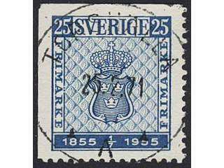 Sweden. Facit 467D1 used , 1955 Stamp Centenary 25 öre blue, corner-cut left and up. …