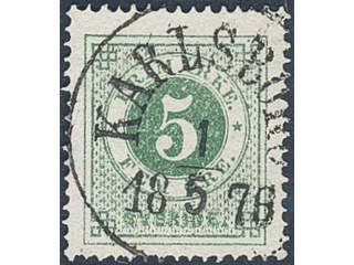 Sweden. Facit 19 used , 5 öre green. EXCELLENT cancellation KARLSBORG 1.5.1876. Tiny pin …