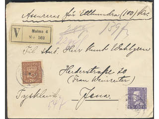 Sweden. Facit 164, 175A cover , 15+70 öre on insured cover sent from MALMÖ 4 16.9.23 to …