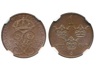 Coins, Sweden. Gustav V, MIS I.5b, 1 öre 1913. Graded by NGC as MS65 BN. 0.