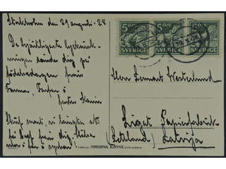 Sweden. Facit 143A cover , 3x5 öre on postcard sent from STOCKHOLM 3 29.8.28 to Latvia.