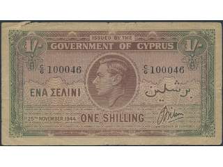 Banknotes, Cyprus. Pick 20, 1 shilling 25.11.1944. Serial number C/6 100046. VG-F.