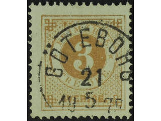Sweden. Facit 28d used , 3 öre yellow-brown. Superb cancellation GÖTEBORG 21.5.1879. One …