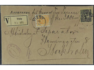 Sweden. Facit 77, 72 cover , 2 öre + 1 kr on insured cover sent from VISBY to Stockholm. …