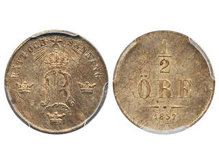 Coins, Sweden. Oskar I, SM 141, ½ öre 1857. Graded by PCGS as MS64 RB. 01/0.