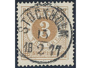 Sweden. Facit 17h used , 3 öre olivish orange-brown. EXCELLENT cancellation STOCKHOLM …