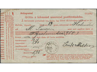 Sweden. N county. DRÄNGSERED 21.10.1890. Receipt (fold) for insured cover sent to …