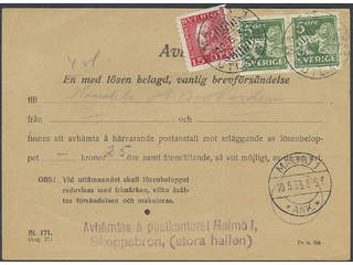 Sweden. Facit 143A, 177A cover, 2×5+15 öre on postal form Bl. 171 (Aug. 27) "Avi, en med …