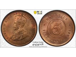 Mauritius George V (1910-1936) 5 cents 1921, UNC, PCGS MS65 RB