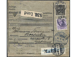 Sweden. Facit 74, 173 cover , 4+140 öre on address card for parcel sent from LUND …