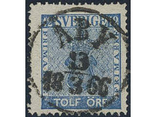 Sweden. Facit 9c2 used , 12 öre blue. EXCELLENT cancellation ÅBY 13.3.1866.