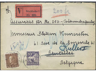 Sweden. Facit 191, 145A on cover, 10+45 öre on insured cover sent from STOCKHOLM 1 …