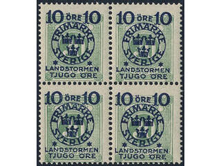Sweden. Facit 122 ★★/★, 1916 Landstorm II 10+TJUGO / 30 öre green. Very fresh block of …