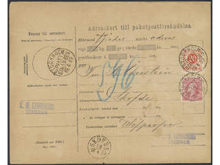 Sweden. Facit 45, 46 on cover, 10+20 öre on address card for parcel sent from STOCKHOLM …