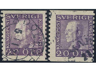 Sweden. Facit 179Av used , 20 öre violet vertical perf, with plate crack variety. Two …