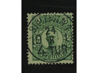 Sweden. Facit 79 used , 5 öre green. EXCELLENT cancellation STOCKHOLM 1 4.TUR 24.8.1911.