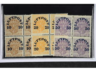 Sweden. Facit 136–38 ★★ , 1920 Air Mail Surcharge SET (3). Sheet of four. Good …