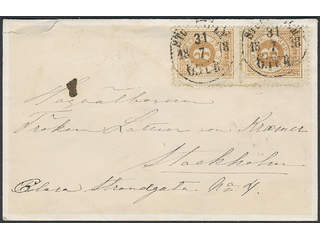 Sweden. Facit 28 cover , 2x3 öre on local cover sent within STOCKHOLM 6.TUR 31.7.1878. …