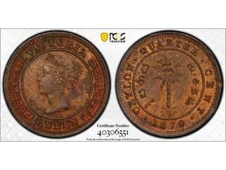 Ceylon Queen Victoria (1837-1901) 1/4 cent 1870, UNC, PCGS MS63 BN