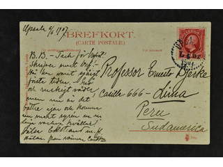 Sweden. Facit 54 on cover, 10 öre röd på brevkort sänt från UPSALA 6/6 1907 till Lima, …