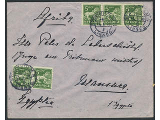 Sweden. Facit 143A cover , 5×5 öre on cover sent from STOCKHOLM 11.1.26 to Egypt. …