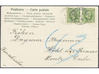 Sweden. Facit 52 cover , 2x5 öre on postcard sent from STOCKHOLM 1 5.4.1901 to Monaco. …