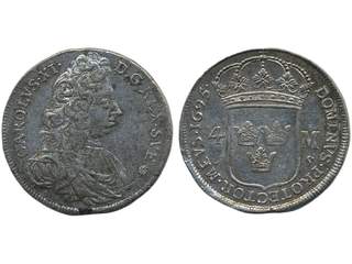 Coins, Sweden. Karl XI, SM 89, 4 mark 1695. 20.73 g. Stockholm. Minor planchet flaw at …