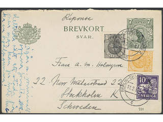 Sweden. Postal stationery, double postcard Facit bKd18, 71, 72, 146A , Reply part 7 öre …