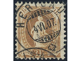 Switzerland. Michel 80C used, 1905 Standing Helvetia 3 Fr yellow-brown perf 11½ × 11 …