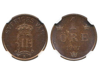 Coins, Sweden. Oskar II, MIS IV.2, 1 öre 1907. Graded by NGC as MS64 BN. 01/0.