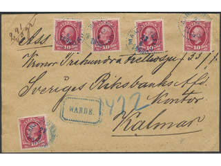 Sweden. Facit 54 on cover, 5×10 öre on beautiful insured cover with blue cancellations …
