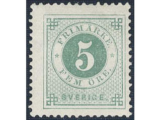 Sweden. Facit 43a ★ , 5 öre dull blue-green. Short perfs. SEK 2000