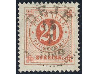 Sweden. Facit 33f used , 20 öre orange-red on calendered paper. EXCELLENT cancellation …