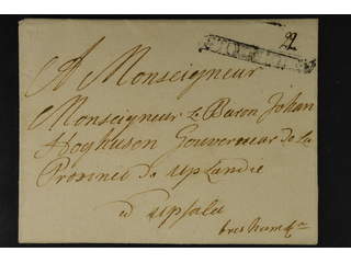 Sweden. A county. STOCKHOLM, ribbon postmark. Type 0 on cover dated "1711" by pen, sent …
