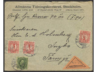 Sweden. Facit 76, 52 cover , 3x10 öre vm crown + 5 öre Oscar II, mixed franking, on cash …