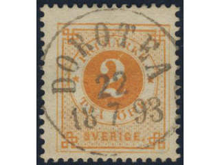 Sweden. Facit 40a used, 2 öre yellowish orange. EXCELLENT cancellation DOROTEA 22.7.1893.