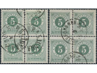 Sweden. Facit 30 used, 5 öre green in two blocks of four. Cancelled HERRLJUNGA …