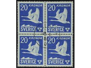 Sweden. Facit 337C used , 1942 Flying Swans 20 Kr blue, perf on four sides, block of …