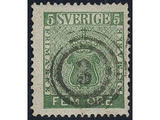 Sweden. Facit 7b1. Beautiful 5 öre green with a well placed Lübeck "3". A few short perfs.