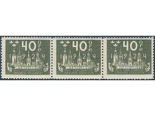 Sweden. Facit 203 ★★ , 40 öre olive-green in strip of three. SEK 1500+