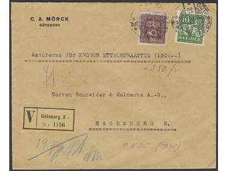 Sweden. Facit 162, 144A cover , 10+60 öre on insured cover sent from GÖTEBORG 21.3.25 to …